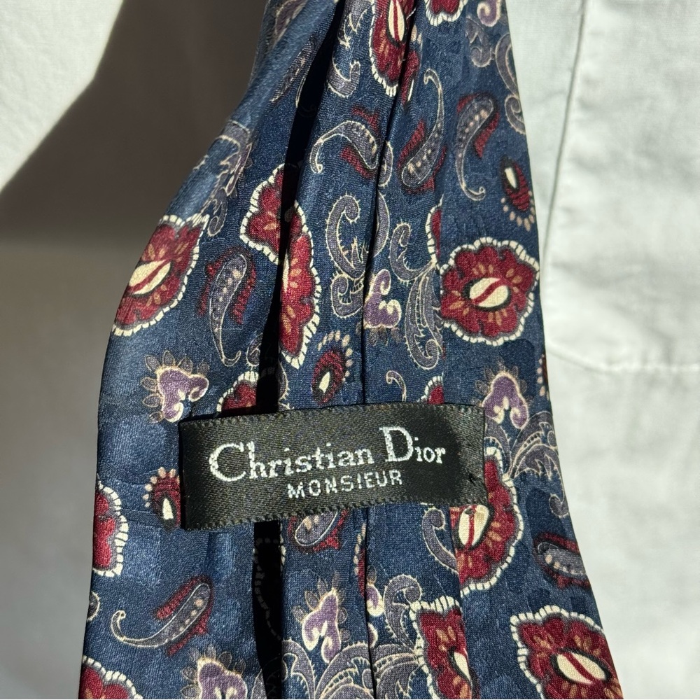 Vintage Christian Dior Monsieur 100% Silk Tie Navy Burgundy Paisley Floral 90s